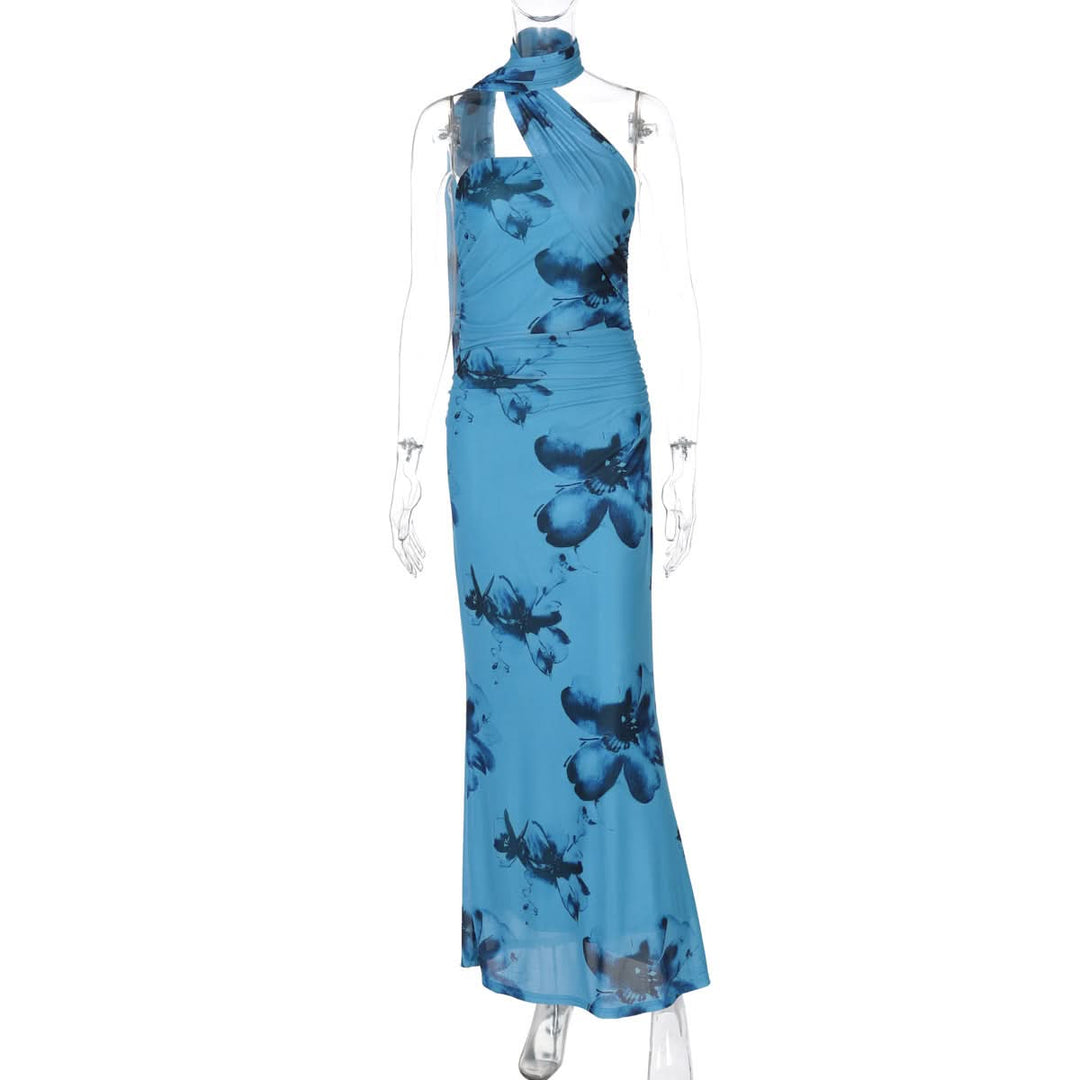 Halter ruched print irregular maxi dress  | Festival Outfits Women-final-sale