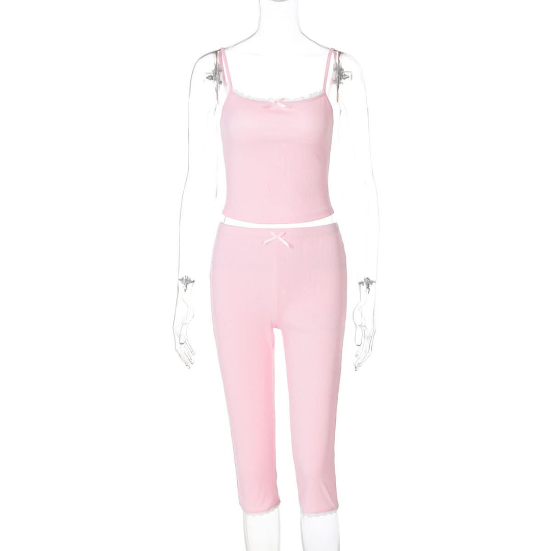 Lace hem bowknot ribbed u neck cami pant set  | Festival Outfits Women