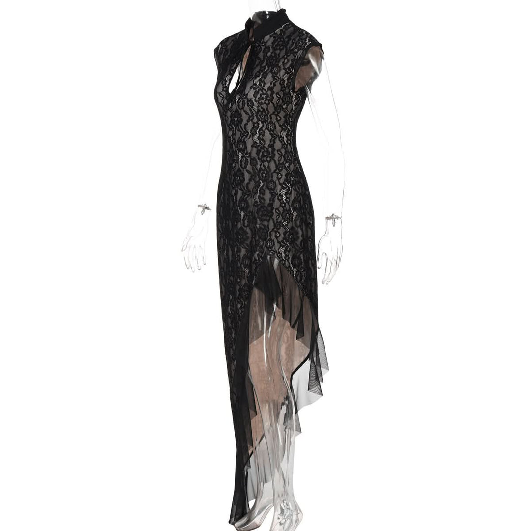 Irregular hollow out self tie zip-up lace cut out midi dress  | Festival Outfits Women