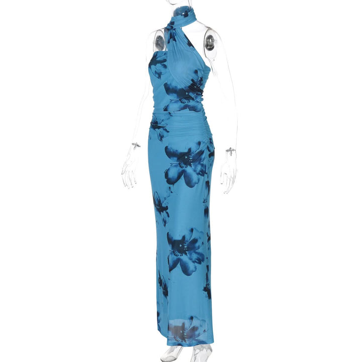 Halter ruched print irregular maxi dress  | Festival Outfits Women-final-sale
