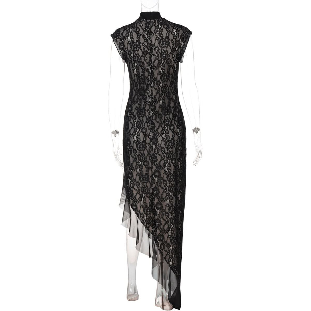 Irregular hollow out self tie zip-up lace cut out midi dress  | Festival Outfits Women