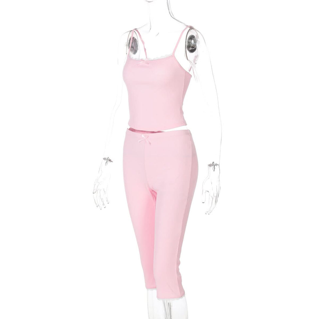 Lace hem bowknot ribbed u neck cami pant set  | Festival Outfits Women