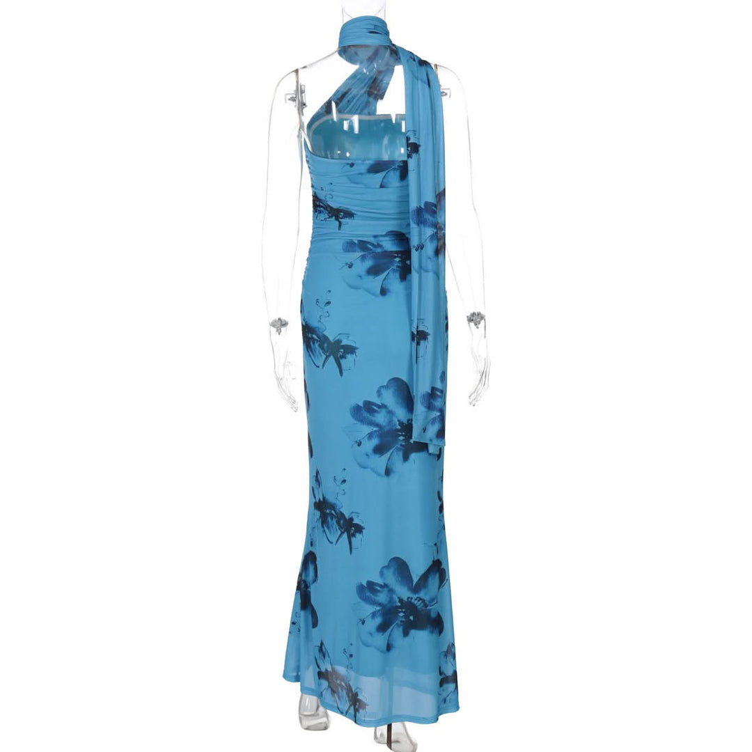 Halter ruched print irregular maxi dress  | Festival Outfits Women-final-sale