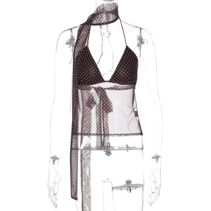 Polka dot v neck halter self tie mesh top  | Festival Outfits Women-final-sale