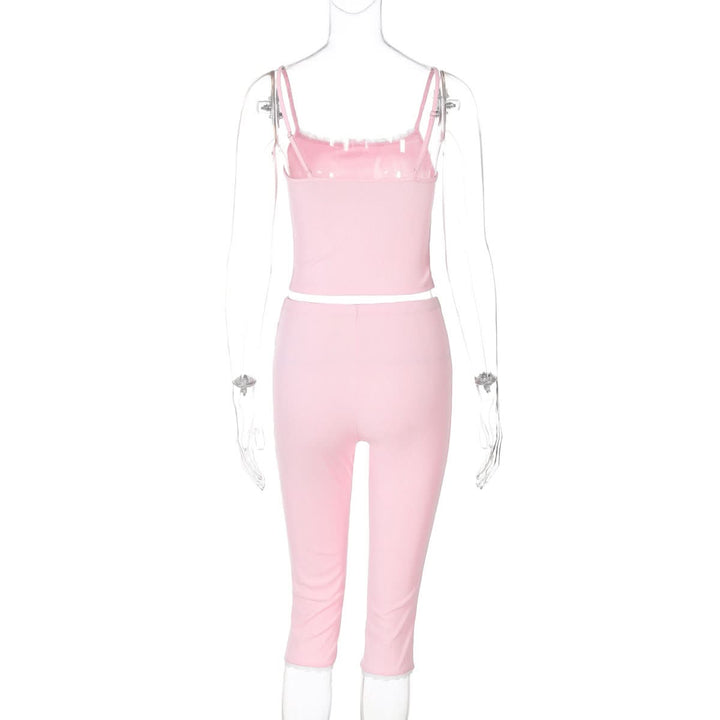 Lace hem bowknot ribbed u neck cami pant set  | Festival Outfits Women