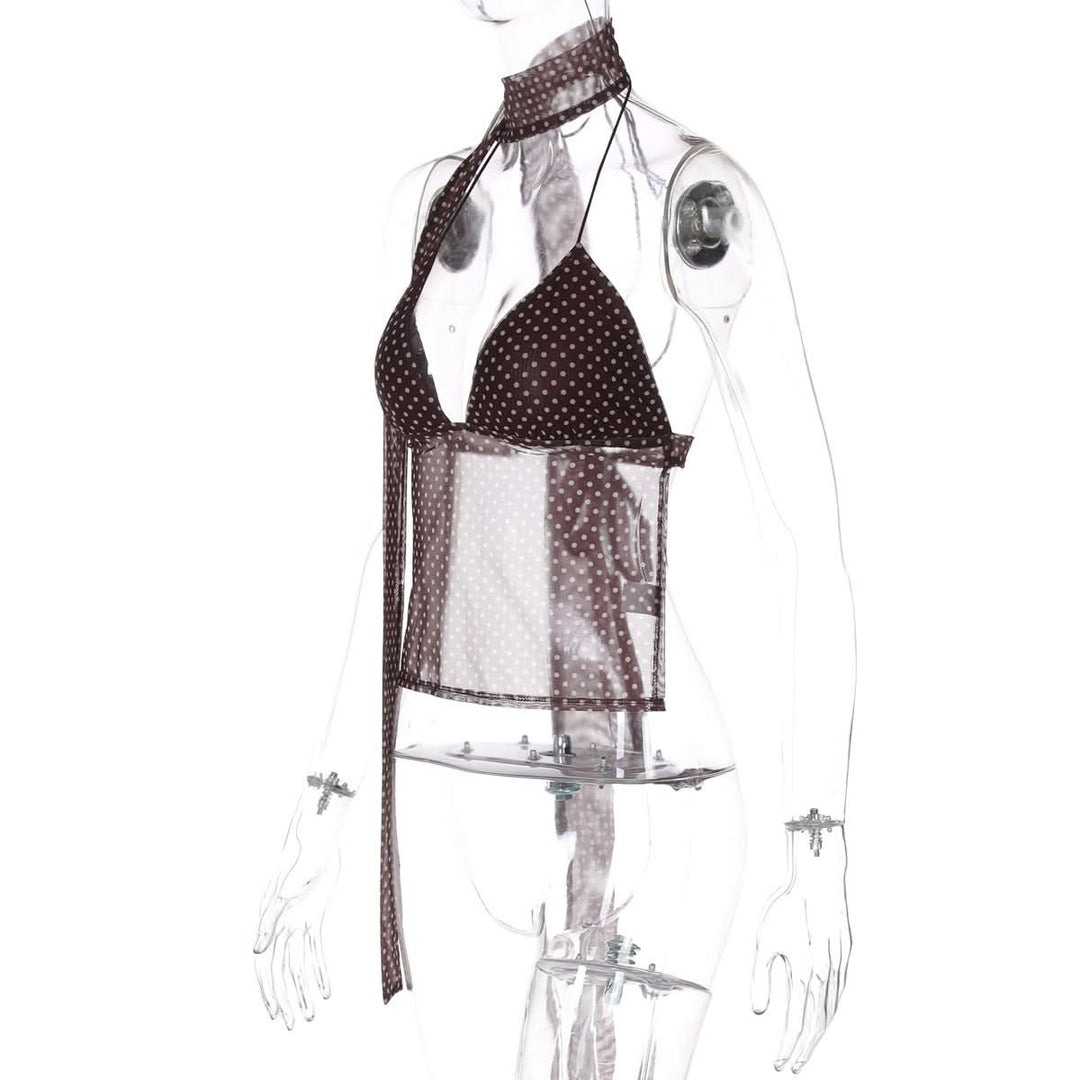 Polka dot v neck halter self tie mesh top  | Festival Outfits Women-final-sale