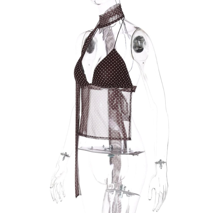 Polka dot v neck halter self tie mesh top  | Festival Outfits Women-final-sale