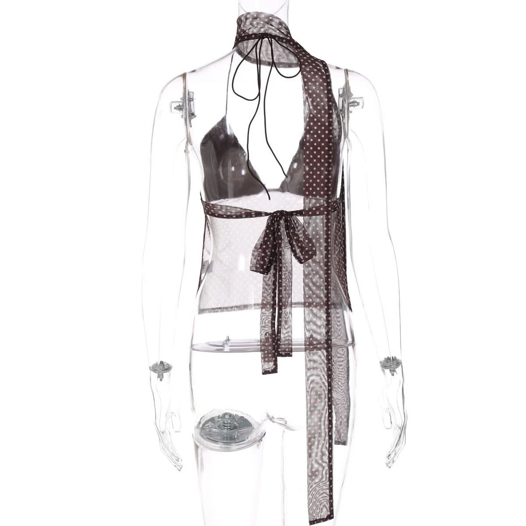 Polka dot v neck halter self tie mesh top  | Festival Outfits Women-final-sale