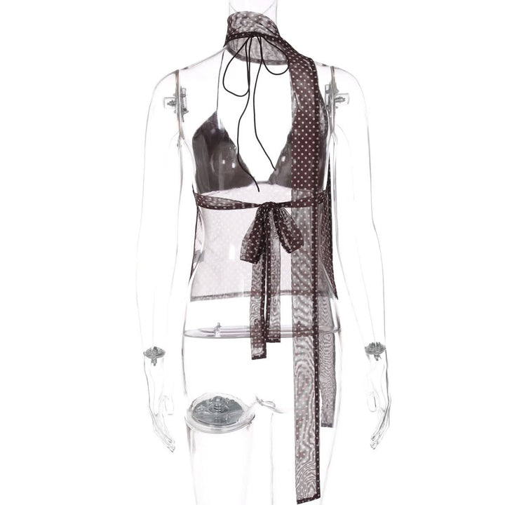 Polka dot v neck halter self tie mesh top  | Festival Outfits Women-final-sale