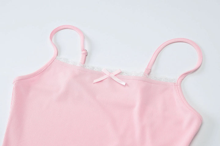Lace hem bowknot ribbed u neck cami pant set  | Festival Outfits Women