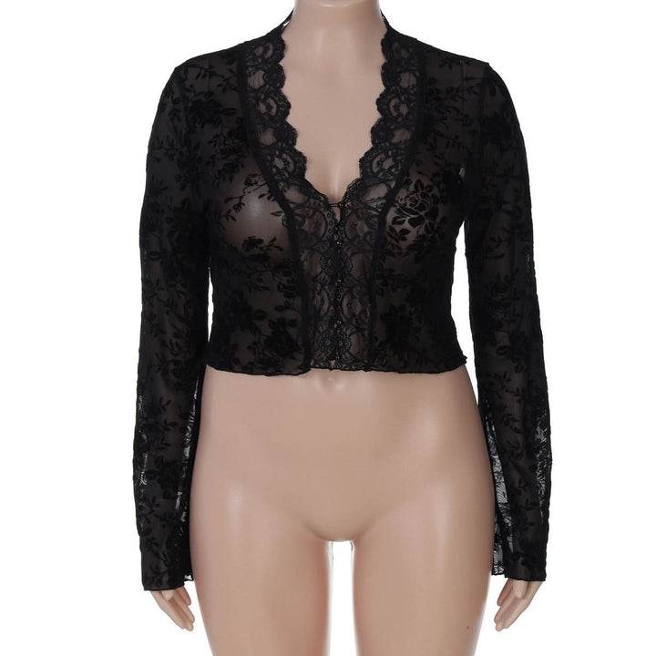 Long sleeve lace V neck see through button top  | Festival Outfits Women