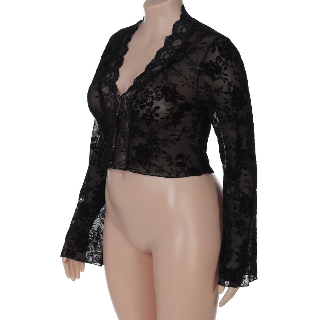Long sleeve lace V neck see through button top  | Festival Outfits Women