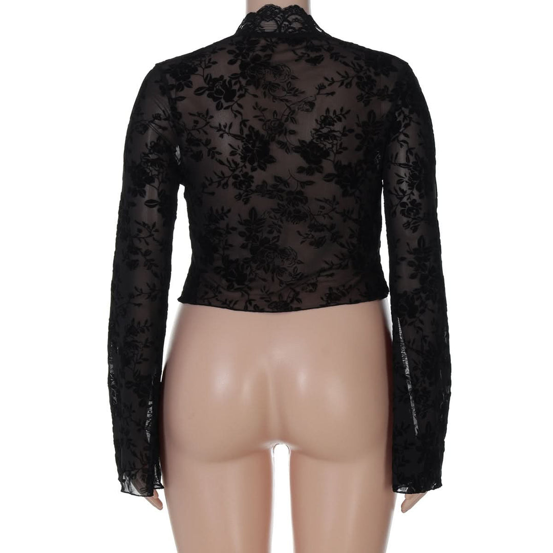 Long sleeve lace V neck see through button top  | Festival Outfits Women