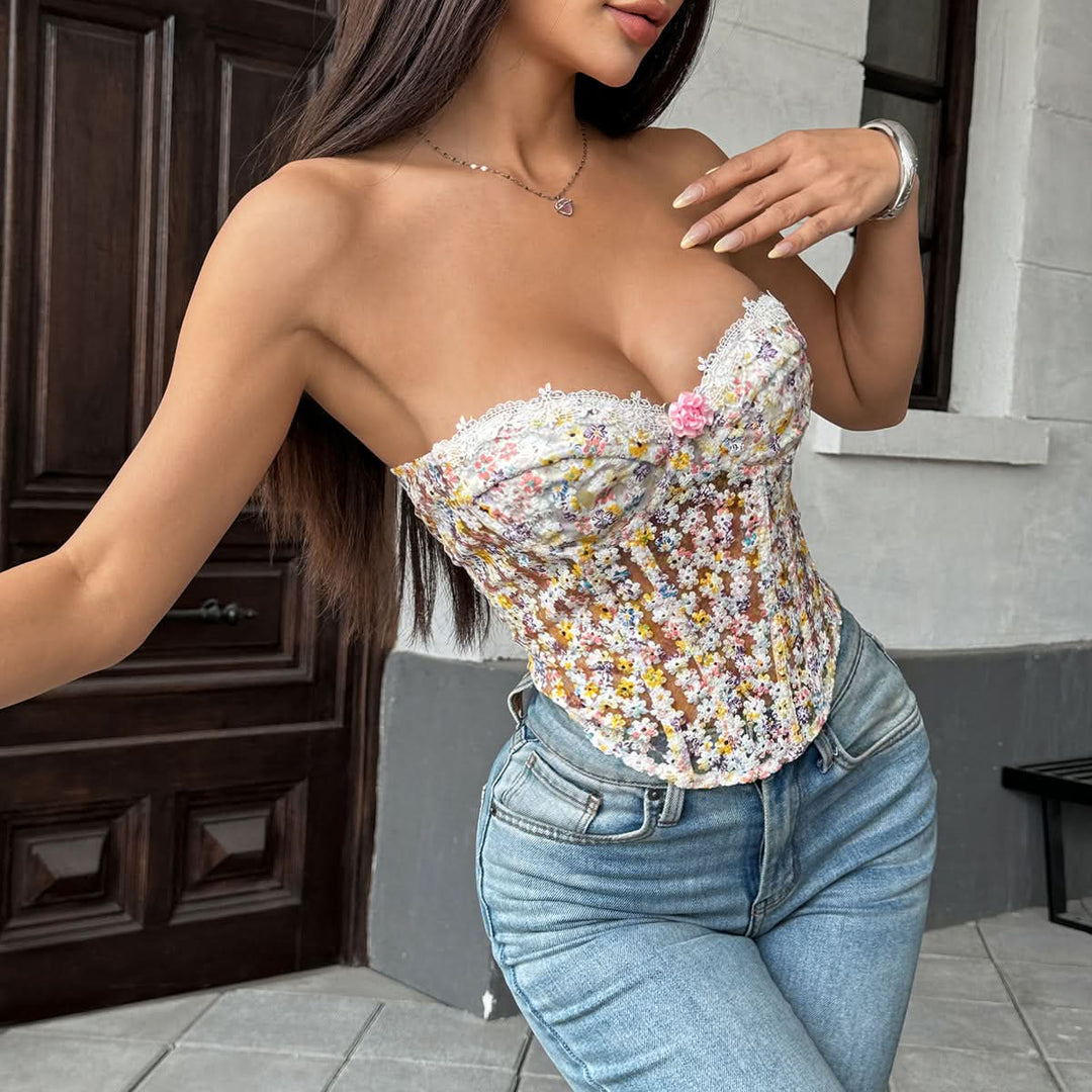 Sweetheart neck flower applique corset lace up top  | Festival Outfits Women