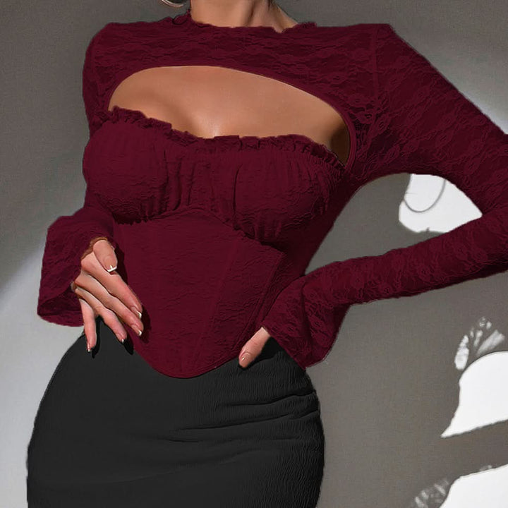 Long sleeve lace ruffle hollow out corset cut out top  | Festival Outfits Women