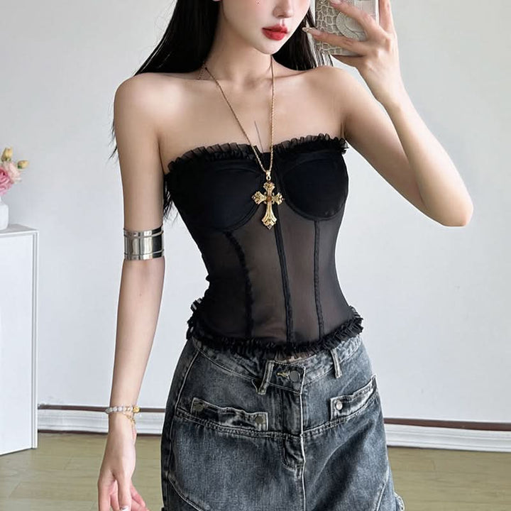 Sweetheart neck ruffle mesh backless top  | Festival Outfits Women