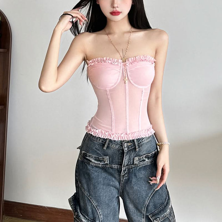 Sweetheart neck ruffle mesh backless top  | Festival Outfits Women
