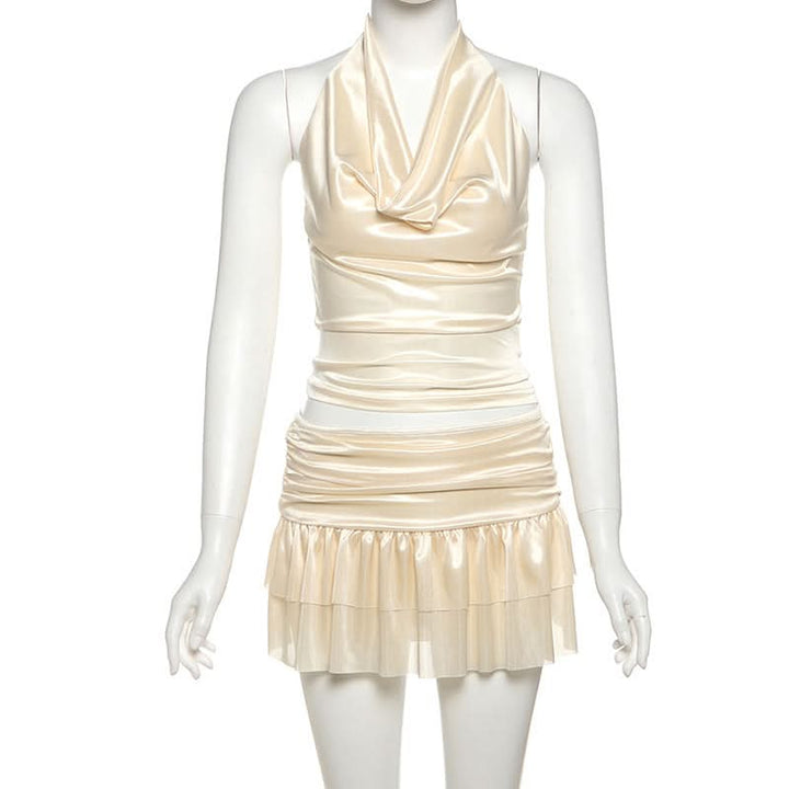Cowl neck ruched halter ruffle mini skirt set  | Festival Outfits Women