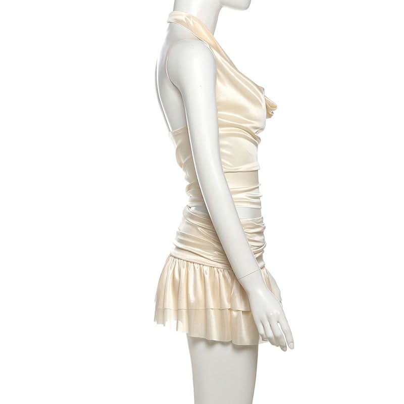 Cowl neck ruched halter ruffle mini skirt set  | Festival Outfits Women
