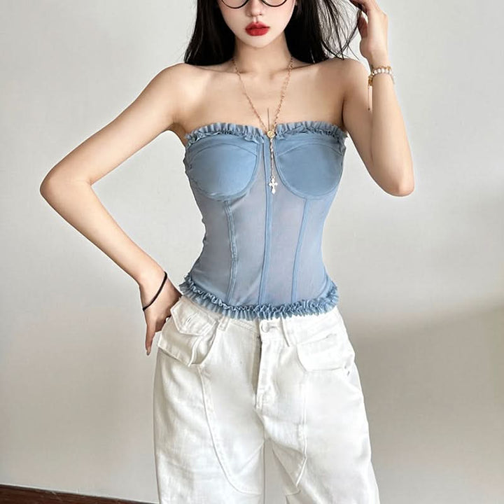 Sweetheart neck ruffle mesh backless top  | Festival Outfits Women