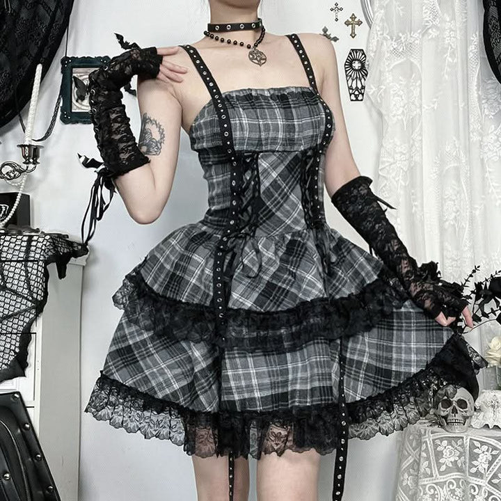 Plaid lace hem lace up cami mini dress  | Festival Outfits Women
