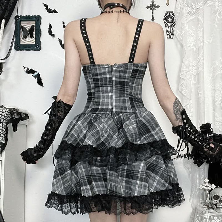 Plaid lace hem lace up cami mini dress  | Festival Outfits Women
