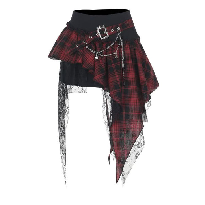 Plaid irregular lace hem metal chain mini skirt  | Festival Outfits Women