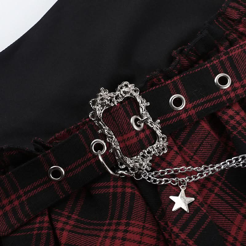 Plaid irregular lace hem metal chain mini skirt  | Festival Outfits Women