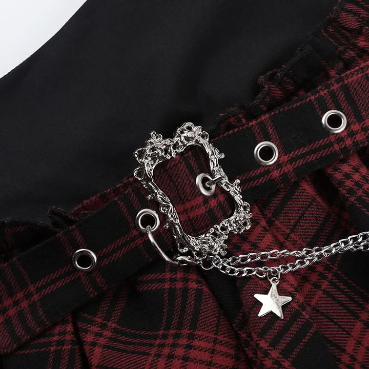 Plaid irregular lace hem metal chain mini skirt  | Festival Outfits Women