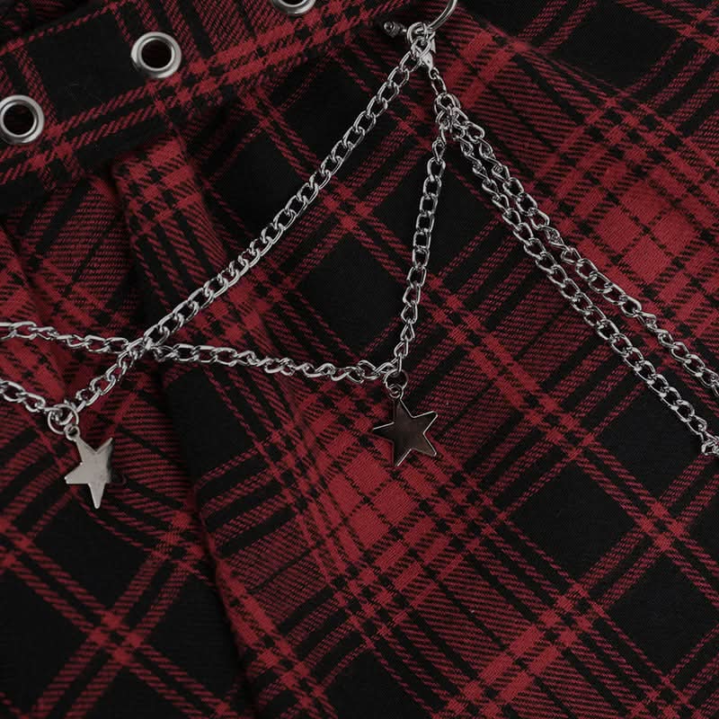 Plaid irregular lace hem metal chain mini skirt  | Festival Outfits Women