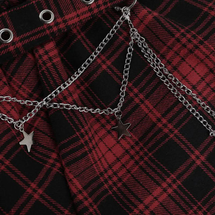 Plaid irregular lace hem metal chain mini skirt  | Festival Outfits Women