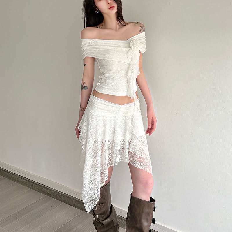 Off shoulder flower applique lace ruffle top  | Festival Outfits Women