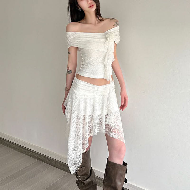 Off shoulder flower applique lace ruffle top  | Festival Outfits Women