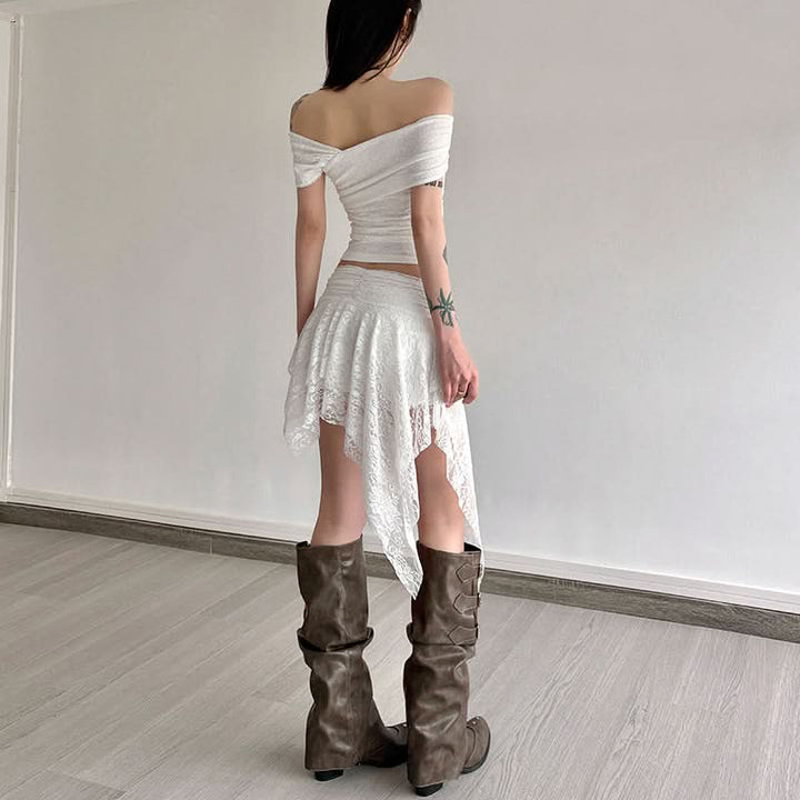 Off shoulder flower applique lace ruffle top  | Festival Outfits Women