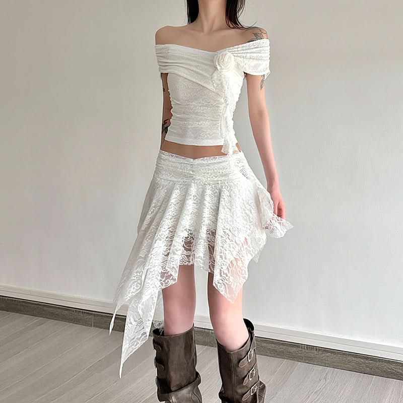 Off shoulder flower applique lace ruffle top  | Festival Outfits Women