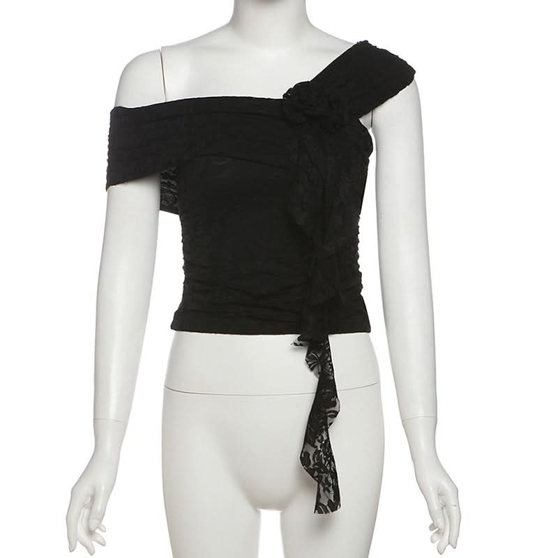 Off shoulder flower applique lace ruffle top  | Festival Outfits Women