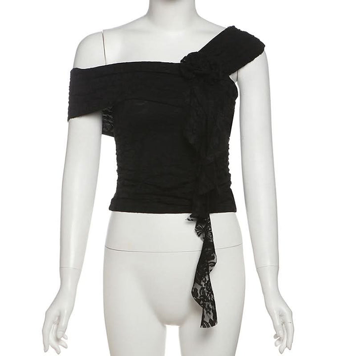 Off shoulder flower applique lace ruffle top  | Festival Outfits Women