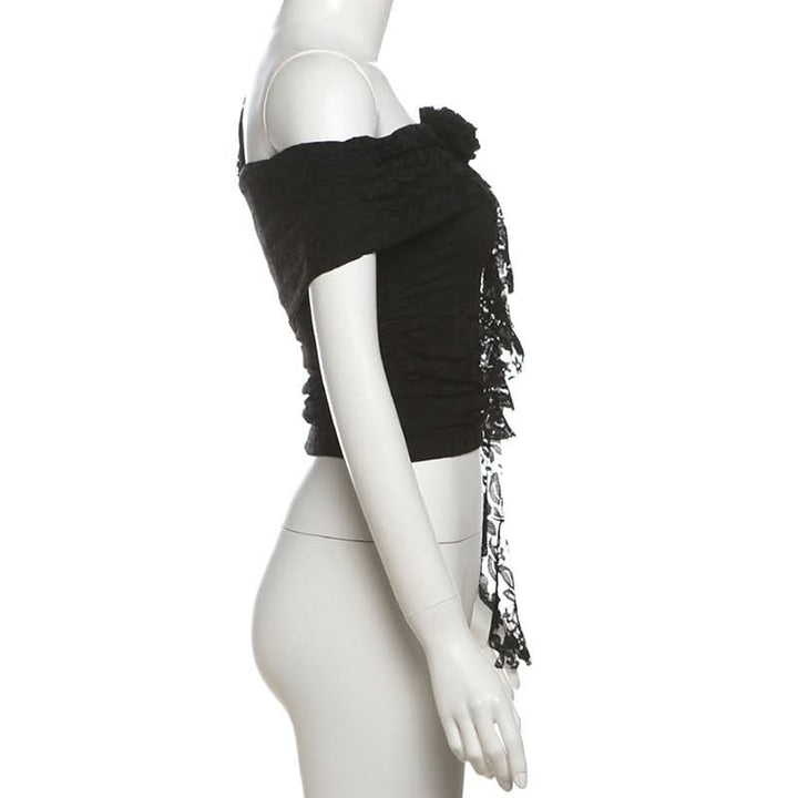Off shoulder flower applique lace ruffle top  | Festival Outfits Women
