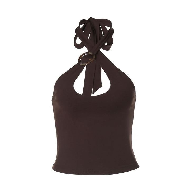 Hollow out halter self tie solid backless cut out top  | Festival Outfits Women