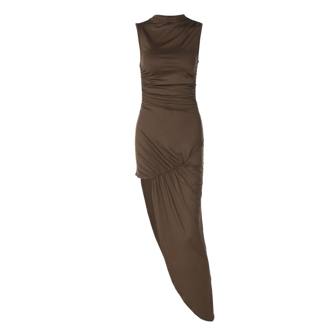 Irregular ruched zip-up crewneck slit midi dress  | Festival Outfits Women-final-sale