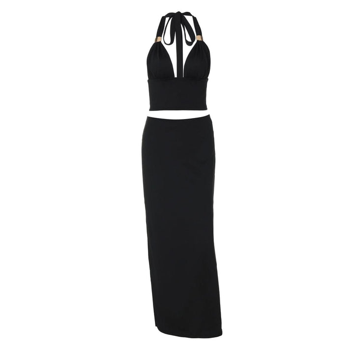 Ruched halter self tie v neck maxi skirt set  | Festival Outfits Women
