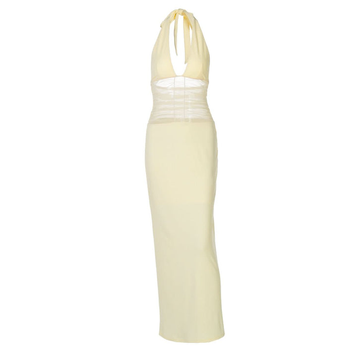 Halter self tie v neck ruched mesh maxi dress  | Festival Outfits Women