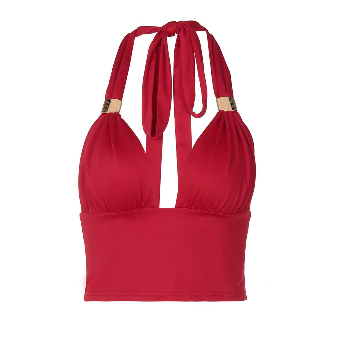 Ruched halter self tie v neck backless top  | Festival Outfits Women-final-sale