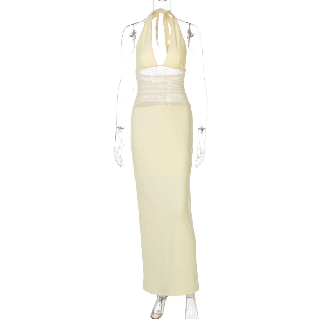 Halter self tie v neck ruched mesh maxi dress  | Festival Outfits Women