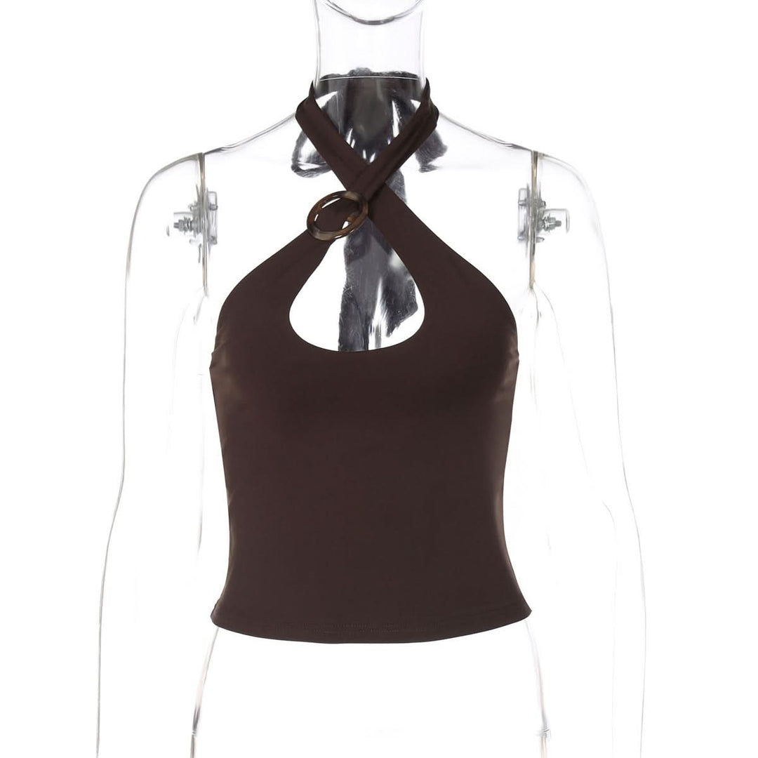 Hollow out halter self tie solid backless cut out top  | Festival Outfits Women