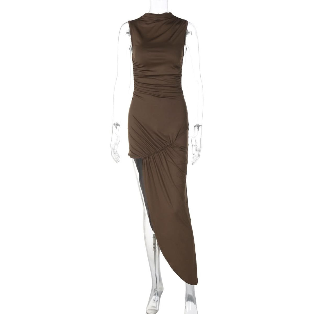 Irregular ruched zip-up crewneck slit midi dress  | Festival Outfits Women-final-sale