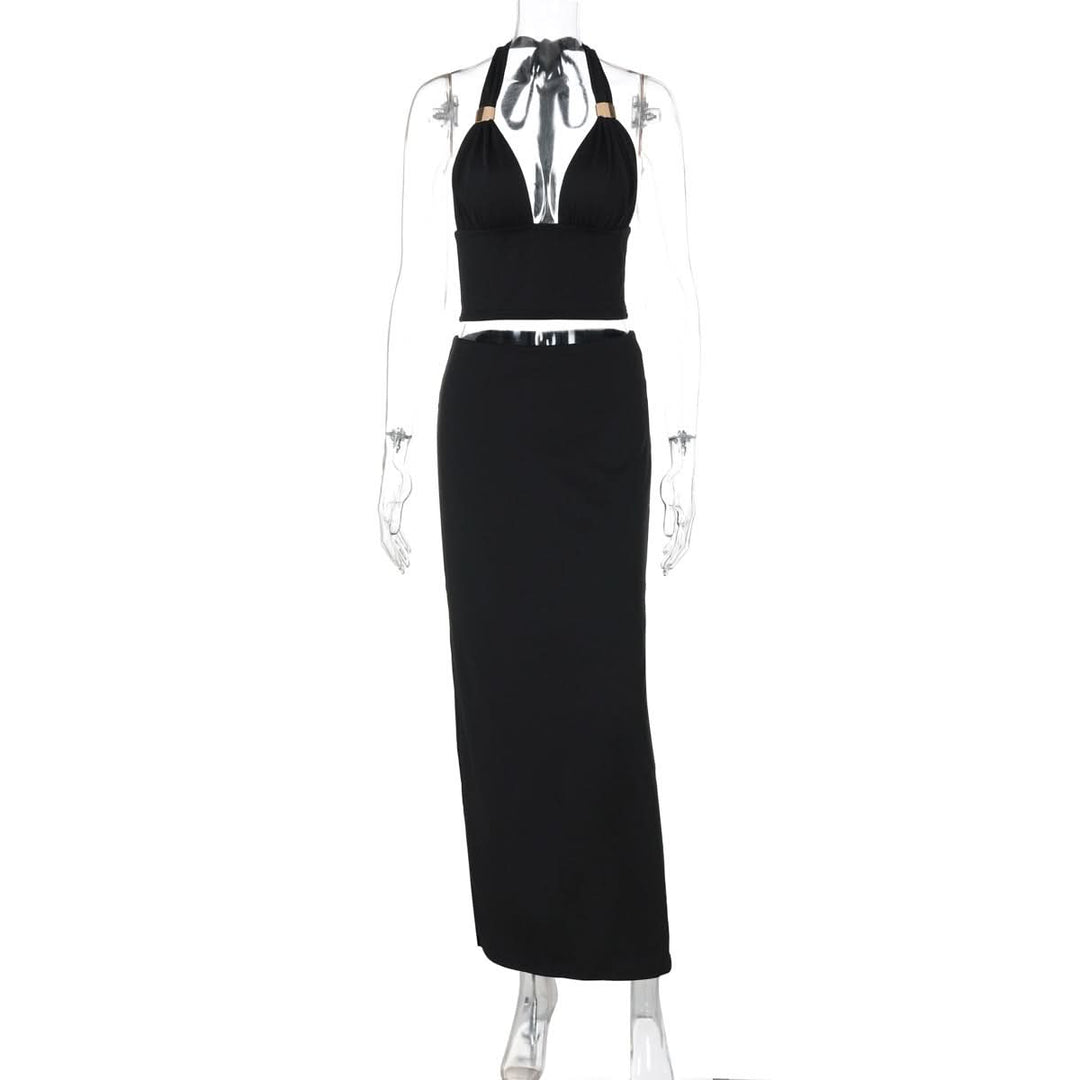 Ruched halter self tie v neck maxi skirt set  | Festival Outfits Women