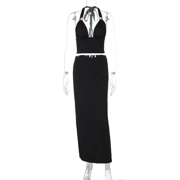 Ruched halter self tie v neck maxi skirt set  | Festival Outfits Women