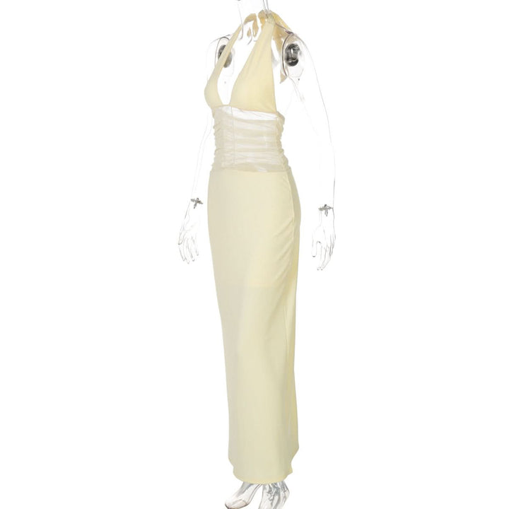 Halter self tie v neck ruched mesh maxi dress  | Festival Outfits Women