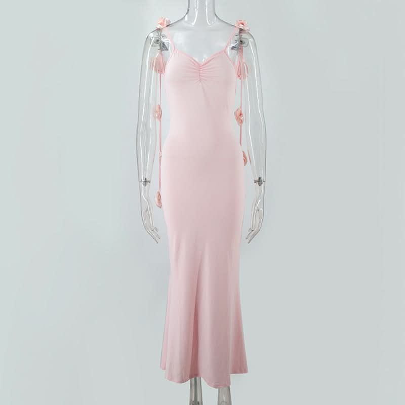 Ruched flower applique v neck cami maxi dress  | Festival Outfits Women